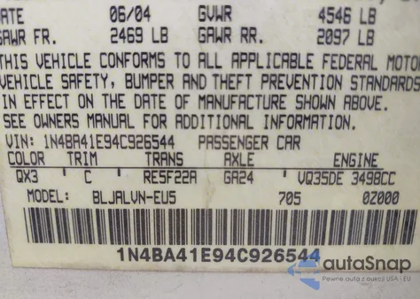 2004 Nissan Maxima 3.5 Se from USA, damaged, VIN 1N4BA41E94C926544